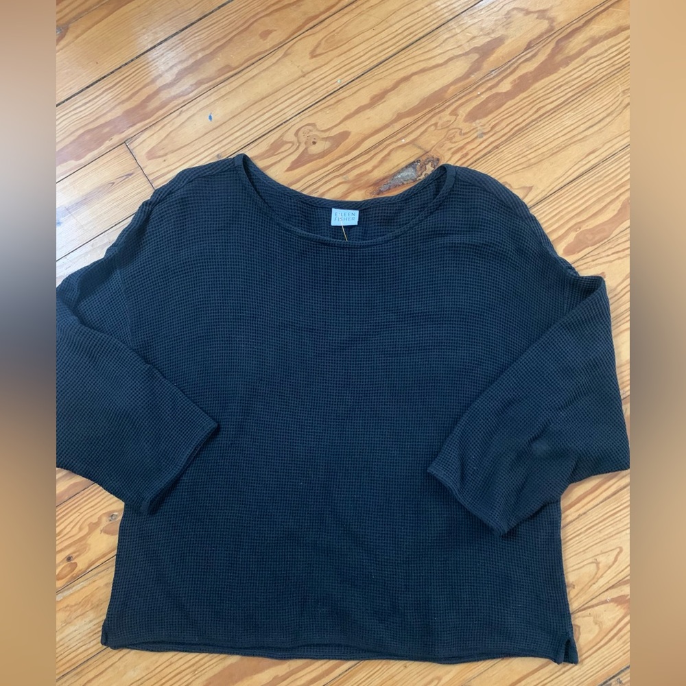 Eileen Fisher womens black waffle top size M